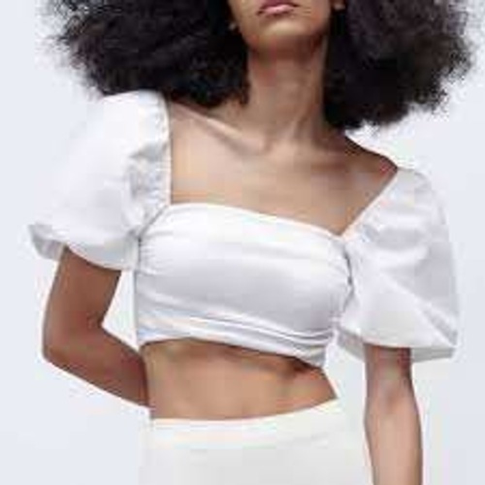 ZARA Boho White‎ Puff Sleeve Ruched Crop Top Womens Medium